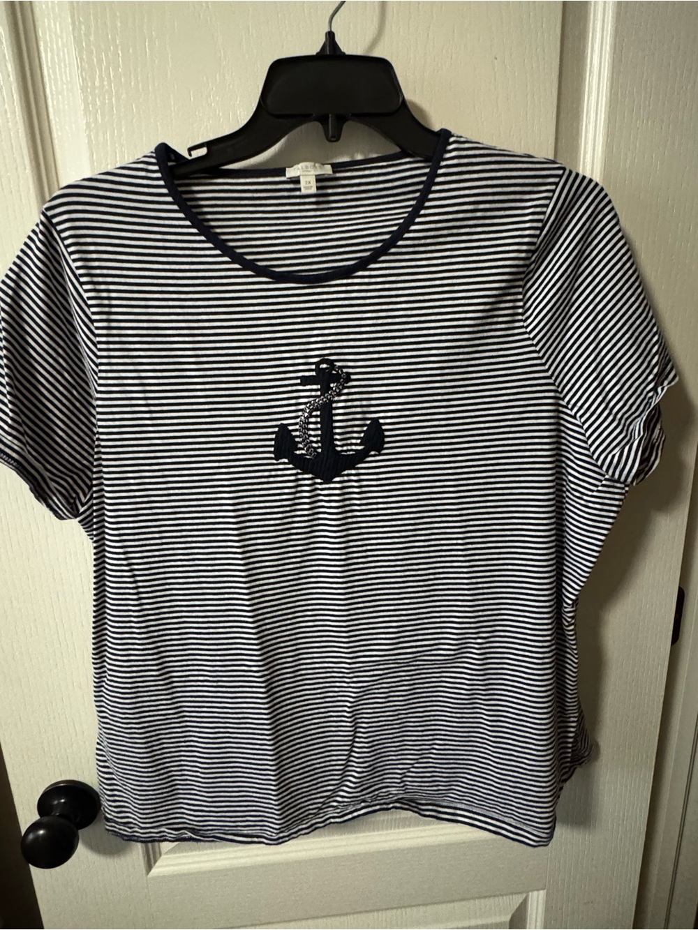 Talbots Striped Anchor Graphic Tee Size 2X Navy Blue White Nautical Beaded